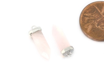 Ciondolo in pietra preziosa di quarzo rosa. Forniture per gioielli artigianali. Placcato rodio originale lucido / 2 pezzi - DG116-PR-RQ