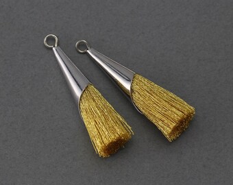 Gold Cotton Tassel . Jewelry Craft Supply . Polished Original Rhodium Plated over Brass Cap - 2 Pcs / GT006-PR-GD