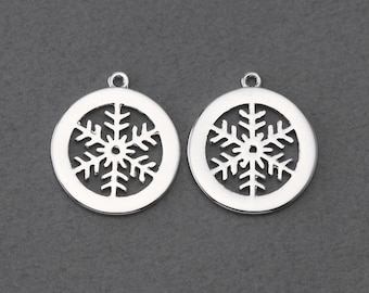 Snowflake Brass Pendant . Wedding, Bridal Jewelry . Polished Original Rhodium Plated over Brass / 2 Pcs - FC421-PR