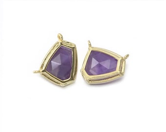 Amethyst Gemstone Pendant . Polished Gold Plated / 2 Pcs - DG066-PG-AM
