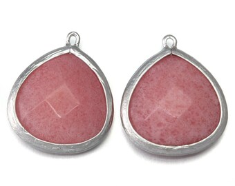 Pink Agate Gemstone Pendant . Matte Original Rhodium Plated / 2 Pcs - AG026-MR-PK