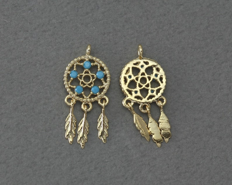 Dream Catcher Brass Pendant Wedding Jewelry FC397-PG-TQ Polished Gold Plated 2 Pcs Bridal Jewelry