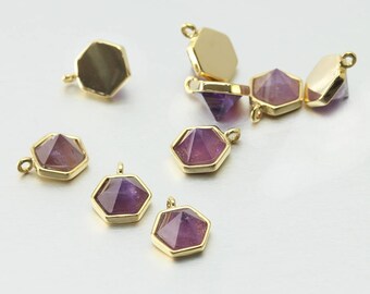 Amethyst Gemstone Pendant . Jewelry Craft Supplies . Polished Gold Plated over Brass  / 2 Pcs - DG052-PG-AM