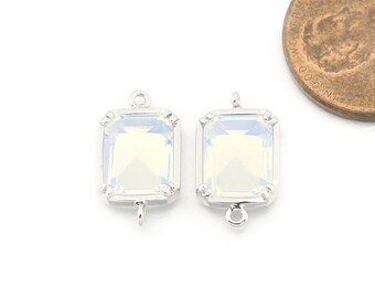 Opal Glass Connector . Jewelry Craft Supplies . Polished Original Rhodium Plated / 2 Pcs - CG024-PR-OP