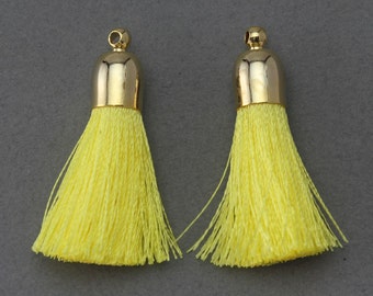 50% OFF . Yellow Cotton Tassel . Polished Gold Plated - 2 Pcs / GT003-PG-YL