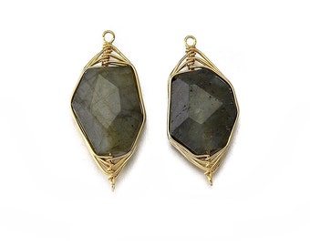 Labradorit Edelstein Verbinder. Schmuck Bastelbedarf. 16K Poliergold über Messing / 2 Stück - DG002-PG-Pound