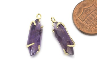 Amethyst Edelstein Anhänger. Schmuck Bastelbedarf . Poliert Vergoldet / 2 Stück - DG107-PG-AM
