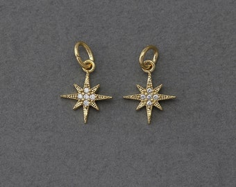 Star Brass Pendant . Wedding Jewelry, Bridal Jewelry . 16K Polished Gold Plated over Brass  / 2 Pcs - BC095-PG-CR