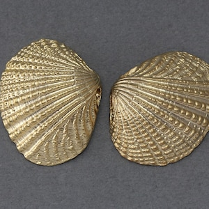 May include: Two gold-colored seashell-shaped earrings. The shells have a detailed, textured surface.