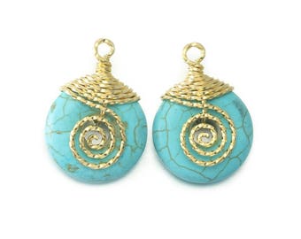 Turquoise Gemstone Pendant . Jewelry Craft Supplies . Polished Gold Plated over Brass  / 2 Pcs - DG084-PG-TQ