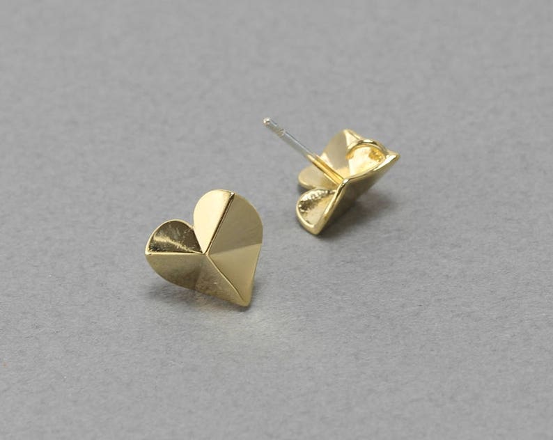 Heart Post Earring . Earring Component . 925 Sterling Silver Post . Polished Gold Plated over Brass / 2 Pcs FC313-PG image 2