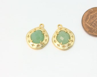 Green Aventurine Gemstone Pendant . Jewelry Craft Supplies . Matte Gold Plated / 2 Pcs - DG114-MG-GA
