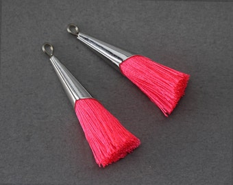 Neon Pink Cotton Tassel .  Jewelry Supplies . Polished Original Rhodium Plated over Brass Cap - 2 Pcs / GT006-PR-NPK