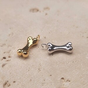 May include: Two dog bone charms, one gold and one silver. The charms are small and have a loop at the top for attaching to a necklace or bracelet.