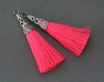 50% OFF . Neon Pink Cotton Tassel . Polished Original Rhodium Plated - 2 Pcs / GT001-PR-NPK