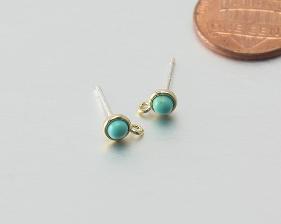 Turquoise Gemstone Post Earring . Earring Component . 925 Sterling Silver Post . Polished Gold Plated / 2 Pcs - DG092-PG-TQ