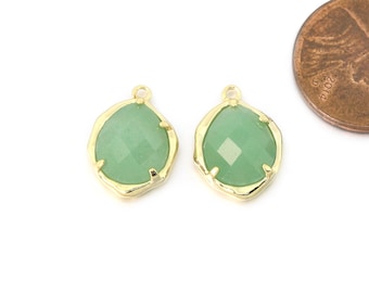 Green Aventurine Gemstone Pendant . Jewelry Craft Supplies . Polished Gold Plated / 2 Pcs - DG117-PG-GA