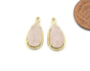 Ciondolo in pietra preziosa di quarzo rosa. Forniture per gioielli artigianali. Placcato oro lucido / 2 pezzi - DG106-PG-RQ