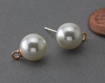 10mm Round Pearl Post Earring . Earring Component . 925 Sterling Silver Post / 2 Pcs - BC222-RG-WH