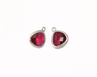 Fuchsia Glass Pendant . Jewelry Craft Supplies . Polished Original Rhodium Plated over Brass  / 2 Pcs - AG004-PR-FC