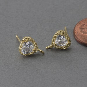 Heart Cubic Post Earring . Wedding, Bridal Jewelry, 925  Silver Post . Polished Gold Plated / 2 Pcs - AC297-PG-CR