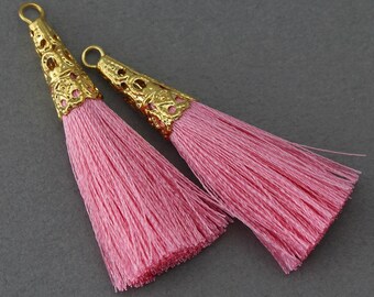 50% OFF . Pink Cotton Tassel . Polished Gold Plated - 2 Pcs / GT001-PG-PK