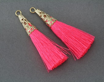 50% OFF . Neon Pink Cotton Tassel . Polished Gold Plated - 2 Pcs / GT001-PG-NPK