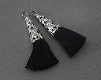 50% OFF . Black Cotton Tassel . Original Polished Rhodium Plated - 2 Pcs / GT005-PR-BK