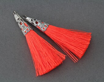 50% OFF . Neon Orange Cotton Tassel . Polished Original Rhodium Plated - 2 Pcs / GT001-PR-NOR