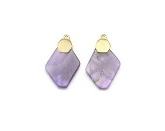 Amethyst Gemstone Pendant . Jewelry Craft Supplies . Polished Gold Plated over Brass  / 2 Pcs - DG074-PG-AM