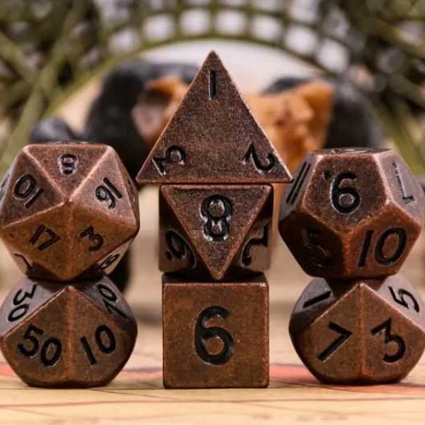 Basic Copper Mini Metal Dice Ancient Effect | (10mm to 15mm) 7-Dice Udixi RPG