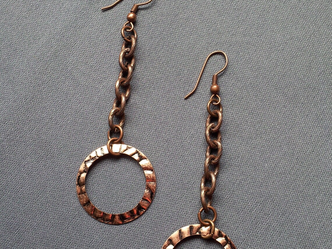 Antique Copper Circle Chained Dangle Earrings | Etsy