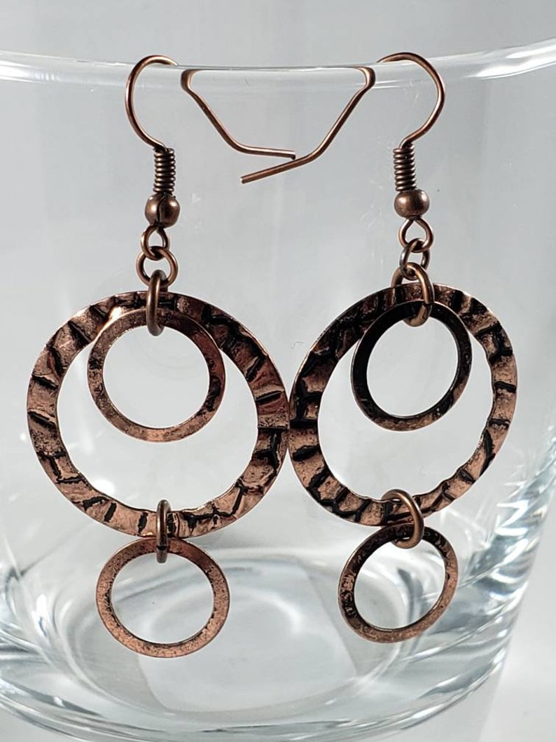 Hammered Circle Antique Copper Dangle Earrings Etsy