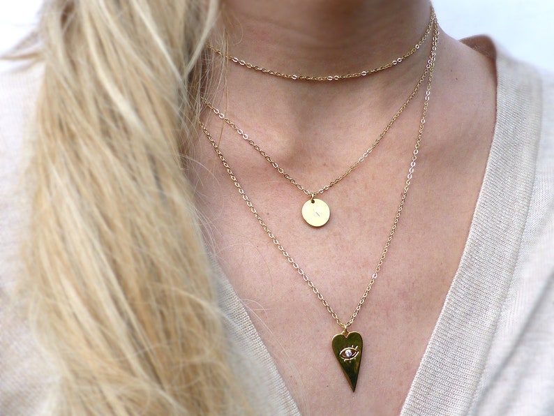 gold stuffed choker necklace personalizable necklace Heart necklace multi-row necklace