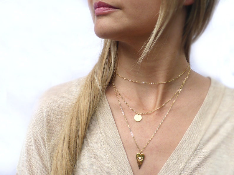 gold stuffed choker necklace personalizable necklace Heart necklace multi-row necklace