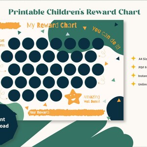 May include: A printable reward chart for children featuring a green and yellow color scheme. The chart has a grid of 35 circles to color in as a reward system. The text "My Reward Chart" and "You can do it!" are included on the chart. The chart is designed for A4 size paper and is available as an instant download in PDF format.