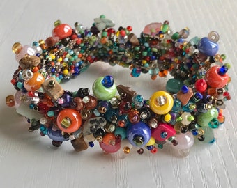 Boho Beaded Bracelet, Multi Color, 7 Inch Length, Glass & Gemstone Beads