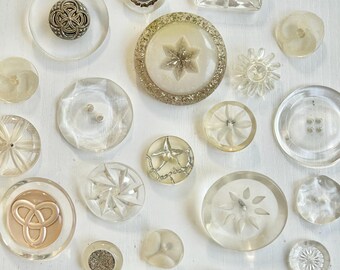 Lucite-Metal Buttons, Early Plastic & Metals, Vintage, Cut Designs, 21 Assorted, Very Good Condition, Curated Collection
