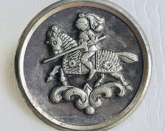 Lead-Pewter Picture Button, Victorian Era, Antique, Large 1 7/16" Diameter, Chevalier Bayard, Charming Vintage Condition, Selling As Is