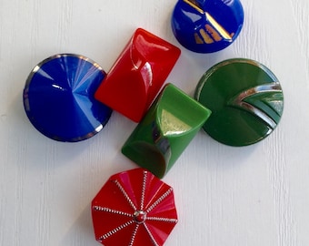 Modern Glass Buttons, Set of 6 Assorted, Red, Green & Blue, 7/8" and 3/4", Luster Painted Gold and Silver, Czech Glass, Collectible Buttons