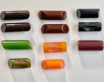 Bakelite Log Buttons, 11 Assorted Colors & Styles, 1 1/16" to 1 7/16" Lengths, Tested, Collectible Buttons