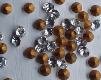 Round Glass Rhinestones, 50 Count, Vintage 1950s, 4mm(1/8), Clear Color, Pointed Back, Gold-tone Foiled Back, Faceted