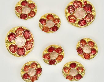 Gold-Tone Mother-Daughter Buttons, Vintage, Set of 8, Red & Pink Enamel Floral Design, 3/4" and 1 1/16" Diameter, Collectible Buttons
