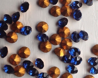 Round Glass Rhinestones, 50 Count, Vintage 1950s, 4mm(1/8+"), Sapphire Color, Pointed Back, Gold-tone Foiled Back, Faceted