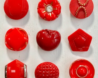 Red Glass Buttons, Vintage, 9 Assorted Styles, Red Buttons, Some Gold & Silver Luster Paint, One Rhinestone, Self Shanks