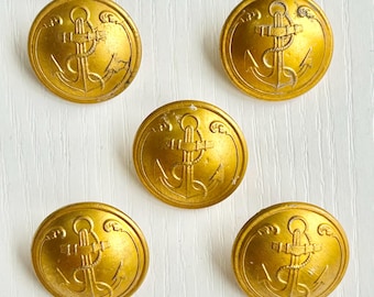 French Naval Buttons, Vintage Pre-Used, 1920's to 30's, Set of 5, Gold Tone Anchor, 7/8" Diameter, AM & Cie Paris Back Mark, Collectible
