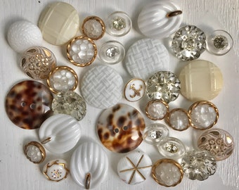 White-Clear Buttons, Vintage, 32 Assorted Sizes, Glass, MOP, and Rhinestone, Some Gold Painted, Sew Thru, Self and Box Shanks