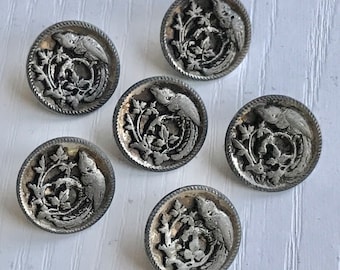 Pewter Escutcheoned Buttons, Antique, Set of 6, 5/8" Diameter, Parrot in a Tree, Eingetr Muster Back Mark, Collectible Buttons