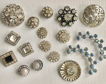 Rhinestone-Metal Buttons, 18 Assorted, Vintage, Clear & Black Glass Rhinestones, Blue Aurora Borealis, Silver-Tone Metal and Plastic