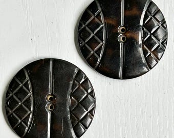 Celluloid Tight-Top Buttons, Vintage, Large 2" Diameter, Black & Brown, Sew Through, Excellent Condition, Collectible